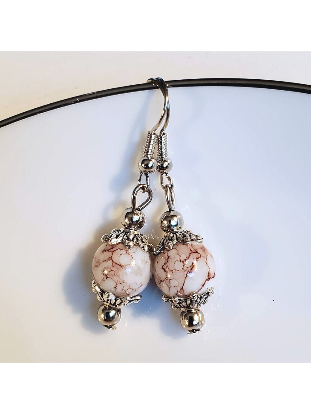 Art Nouveau Mottled White Brown Glass Beads Antiqued Silver Earrings
